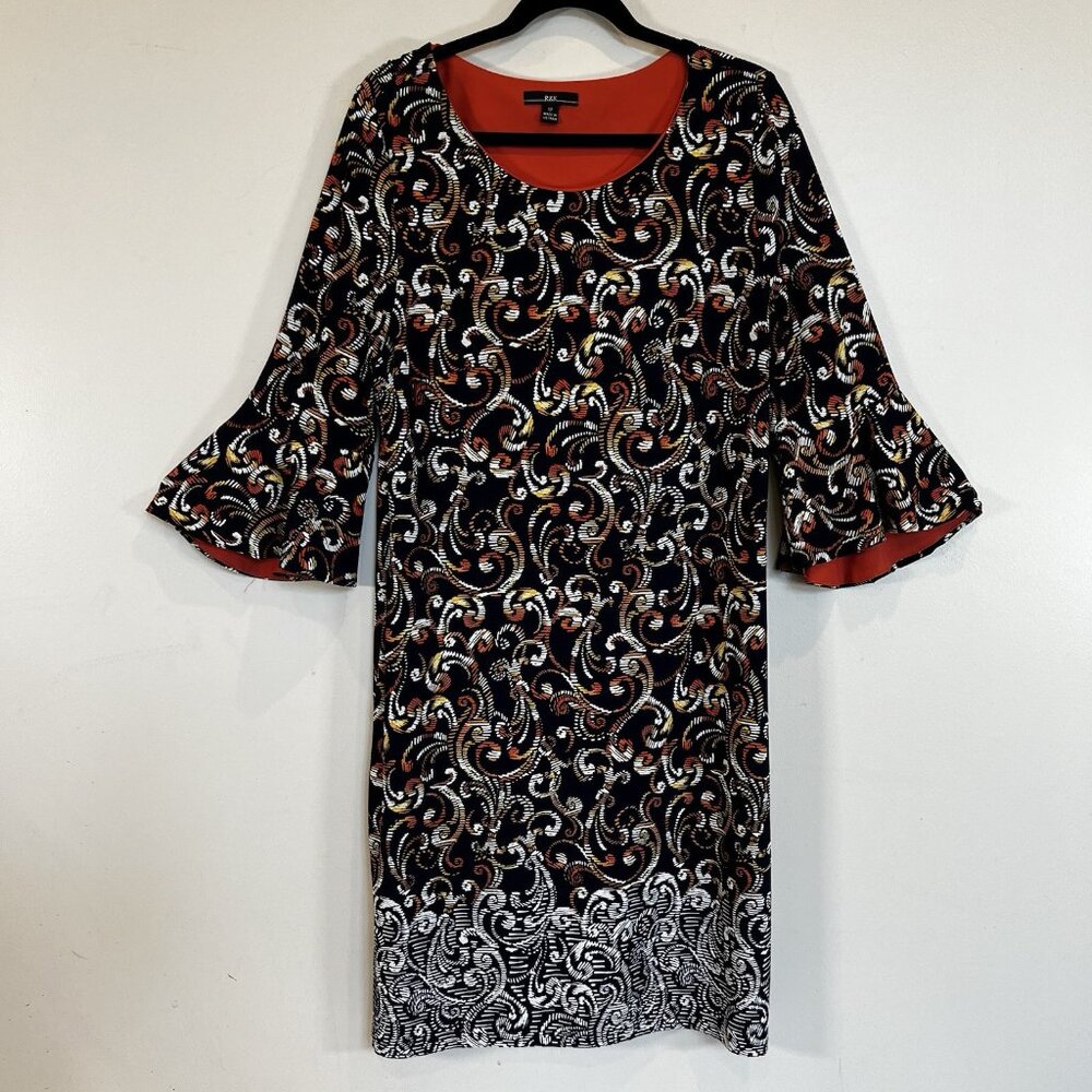 R&K Blue Shift Dress Orange Yellow White Swirl Design Ruffle Sleeve Size 12